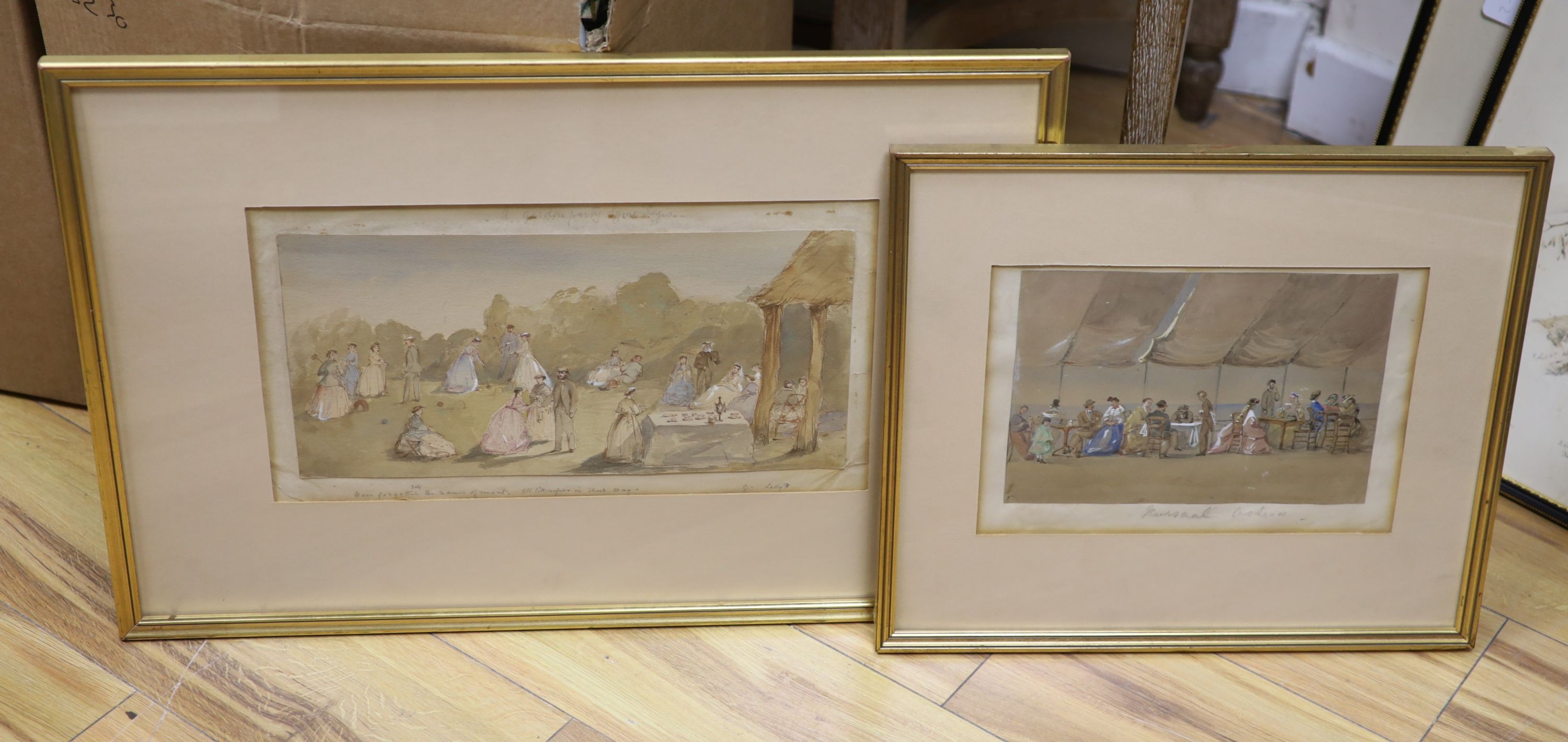 19th century English school, watercolour and body colour ‘A Garden Party Lyme Regis’, signed, and another by the same hand 18x37cm